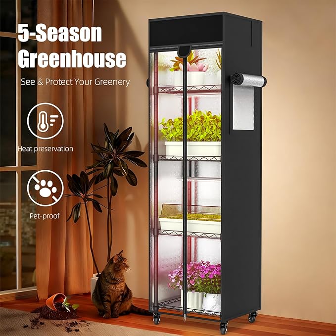 Indoor Greenhouse with Grow Light, 5 Tier 15.7" L×11.8" W×62.3" H growtent with Lights, with 48W Full Spectrum Growing Lamps，Metal Indoor Plant Enclosure for Seed Starting