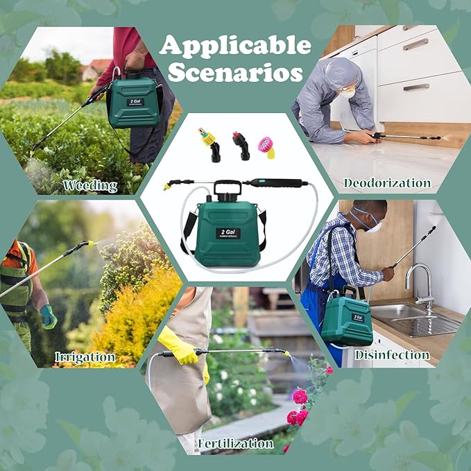 Battery Powered Sprayer 2 Gallon, Powerful Electric Garden Sprayer with 3 Mist Nozzles, USB Rechargeable Handle, Retractable Wand and Adjustable Shoulder Strap for Irrigation, Weeding(Green)