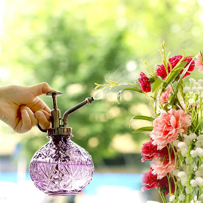 Hniuyun Glass Plant Mister Spray Bottle, 6.5inch Tall Vintage Round Spritzer with Bronze Plastic Top Pump for Watering Your Garden (Purple)