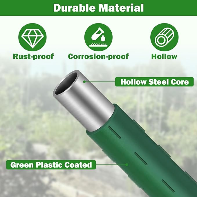 Garden Stakes 70 Pack, 16 Inch Plastic Coated Metal Tomato Stakes, DIY 4ft 5ft 6ft 7ft Plant Support Stakes with 40 Connectors 30 Rotatable Clips 30 Plant Clips for Indoor Outdoor Vegetables