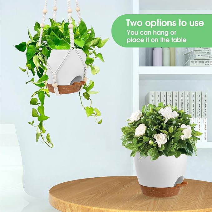 Vanslogreen Hanging Planters for Indoor Outdoor Plants, 2 Pack Self Watering Hanging Pots, Hanging Plant Baskets with Drainage Holes & 2 Types of Plant Hangers (White, 6'')
