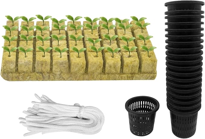 Iceyyyy 76Pcs Hydroponics Mesh Net Cup Kit - 20 Packs 2 Inches Slotted Mesh Net Pot Cups, 36Packs 1.5x1.5x1.5Inch Stonewool Starter Plugs, 20 Article Self Watering Cotton Wick Cord for Hydroponics