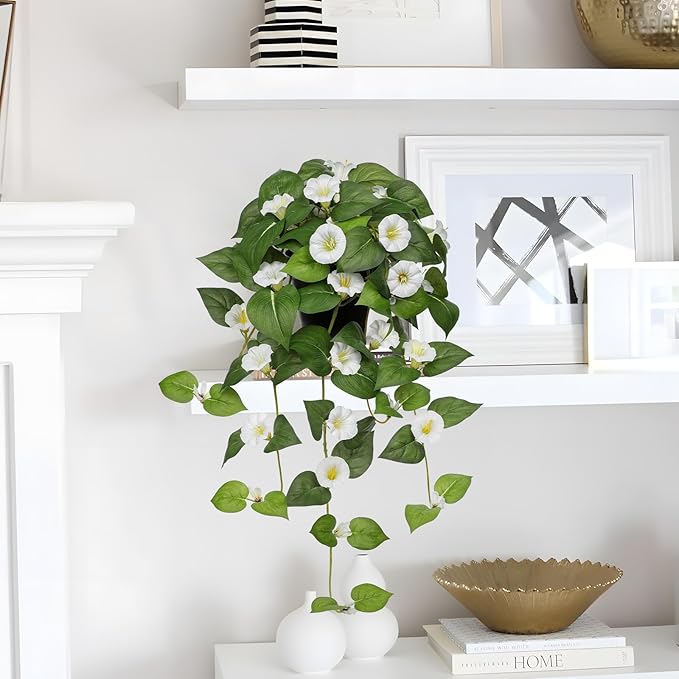 Briful Artificial Hanging Flowers in Pot 25.6" Faux Silk Morning Glory Flower Vine with Cascading Greenery Fake Hanging Plants for Home Office Bathroom Table Shelf Decor(White)