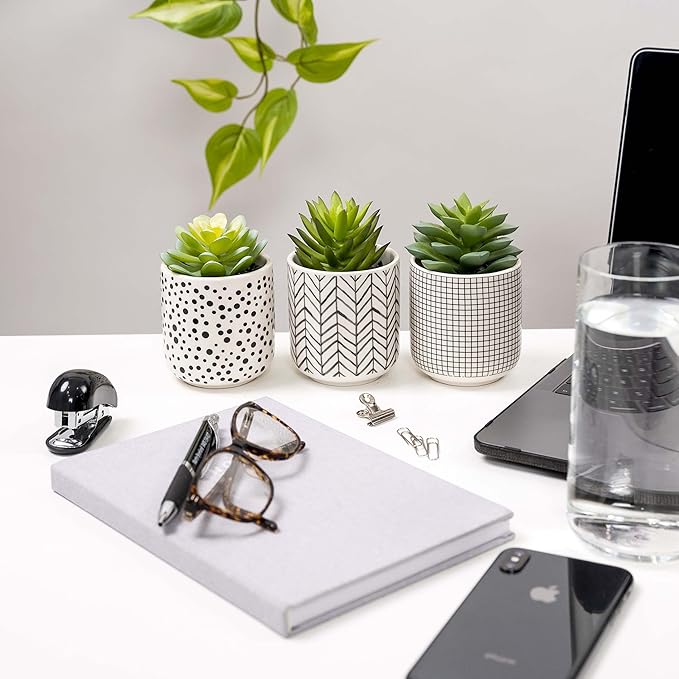 Kurrajong Farmhouse Artificial Succulents in pots | Set of 3 Black and White pots with Faux Succulents | Faux Plants Indoor | Fake Plants for Desk Decor | 4.75" high