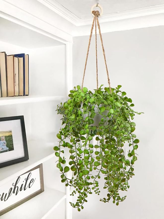 Fake Hanging Plants with Pot, 14'' Faux String of Vine Greenery Artificial Hanging Plant for Indoor Home Office Farmhouse Bathroom Wall Shelf Decor