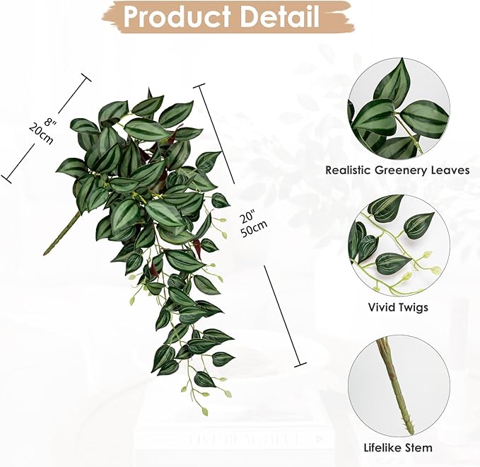 DILATATA Fake Hanging Plants Artificial Hanging Plants 92 Leaves Faux Wandering Jew Hanging Leaves Plants for Wall Shelf Home Indoor Outdoor Decor - 2 Pack