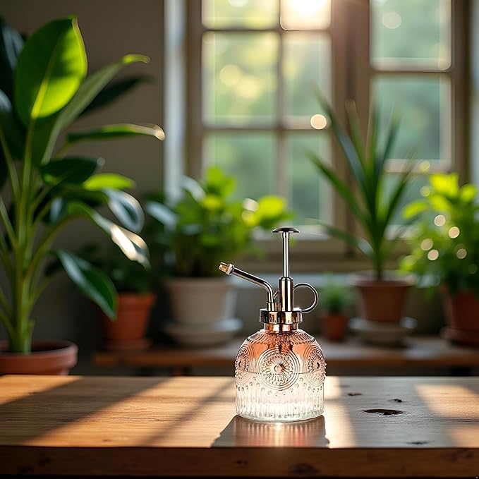 Glass Plant Mister Spray Bottle, 230ML Vintage Plant Spritzer, Succulent Watering Bottle Glass with Top Pump, Small Plants Sprayer Watering Can for Indoor Outdoor House(Brown White)
