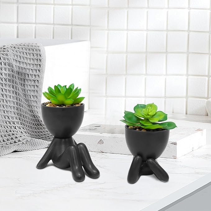 Zerzsy 2PCS Cute Artificial Succulent Plants with Black Human Shaped Pots, Fake Succulents Desk Decor Plant, Mini Potted Planter for Office Decor Desktop Bathroom Decor