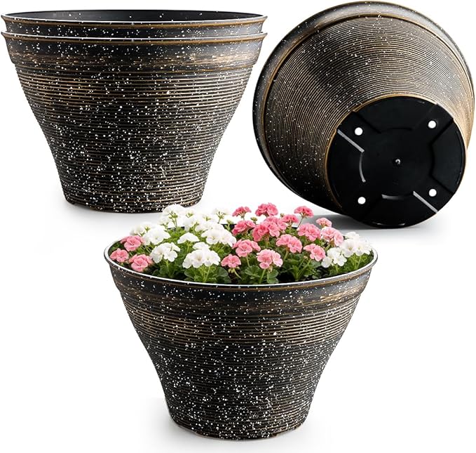 RooTrimmer 15.7 Inch Plant Pots 4 Pack, Large Planter Pots for Plants Indoor Outdoor, Sturdy Plastic Flower Pots with Drainage Hole, Retro Decorative Garden Pots, Plant Containers for House, Black