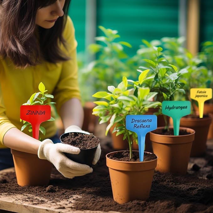 Darfukei Plant Labels 120pcs with Garden Plant Markers Pen of Outdoor Waterproof,Color T-Type Plant Tags and Permanent Marking Pen, Garden Labels Gardening Gifts for Women Men
