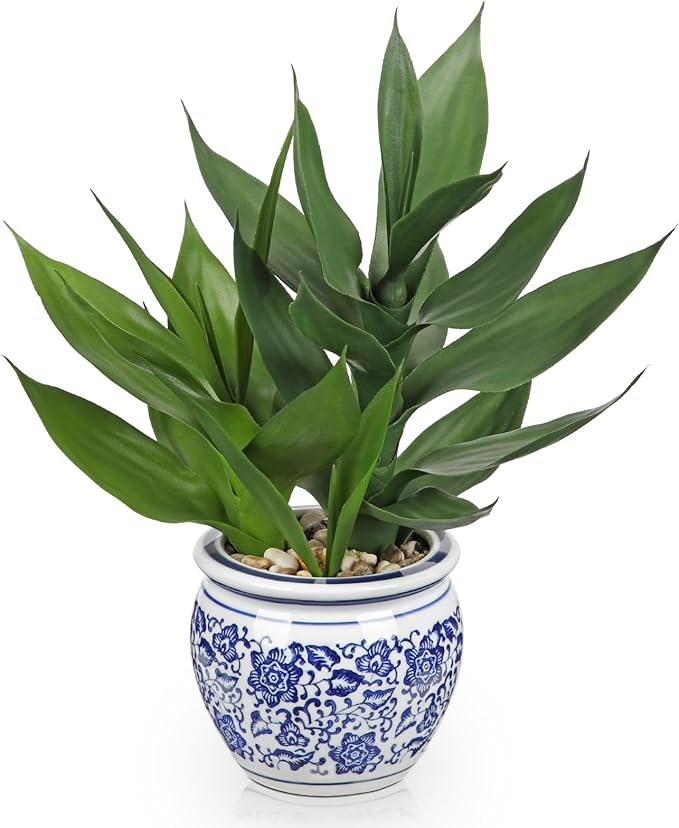 Artificial Potted Plants Indoor Home Decor 12.5" Tall Fake Lucky Bamboo Plant in Blue and White Ceramic Pot Faux Potted Plants Indoor Houseplant for Home Tabletop, Office Desk, Shelf, Zen Room