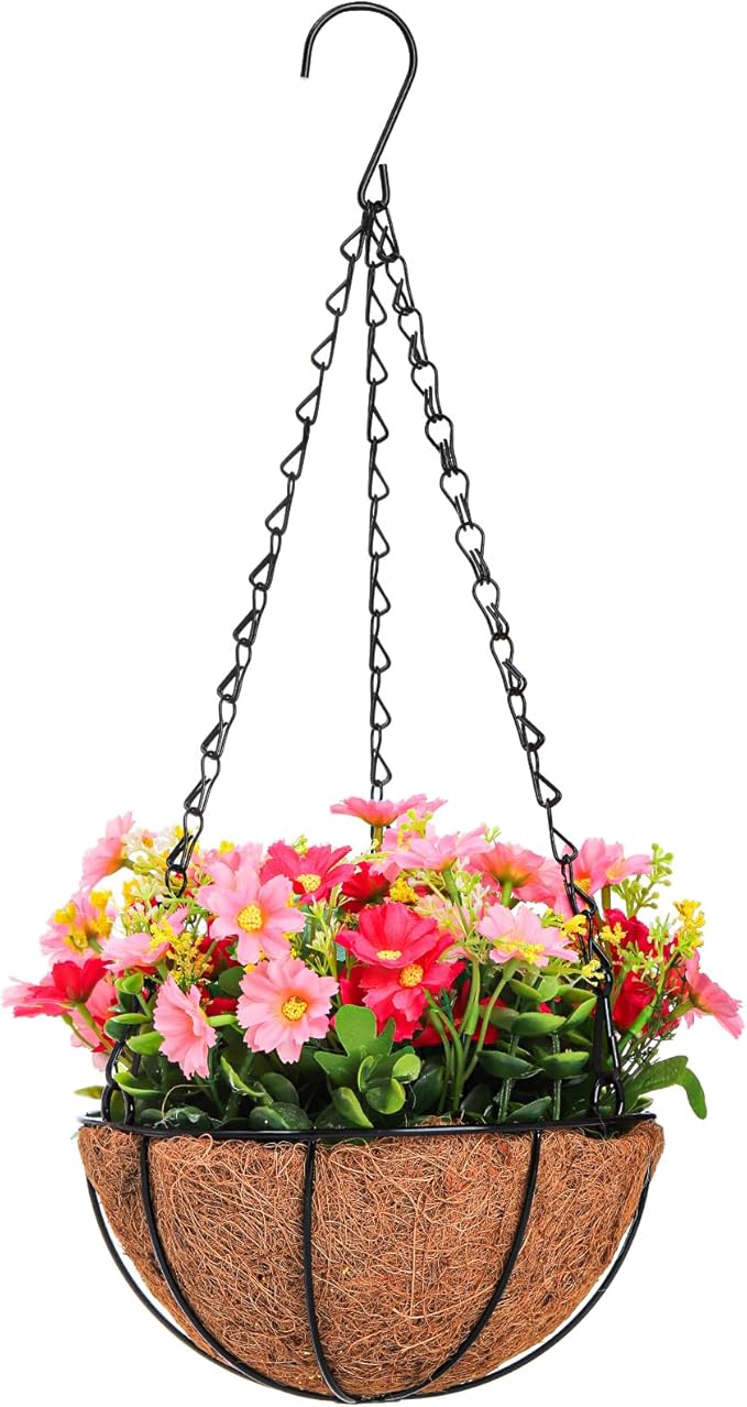 Hedume Artificial Fake Hanging Plants Flowers with Basket, Faux Silk Daisy Eucalyptus in Pot Planter Look Real, 8 inch Coconut Lining Basket for Porch Home Indoor Patio Balcony Yard Decoration