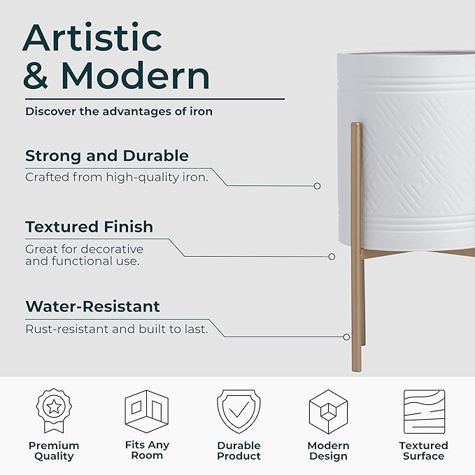 Decorative Flower Pots with Metal Stand for Home Decor - Modern Planters for Hallway, Entryway, and Living Room Decor - Indoor and Outdoor Pots for Plants - Set of 2, 23", 19", White & Gold