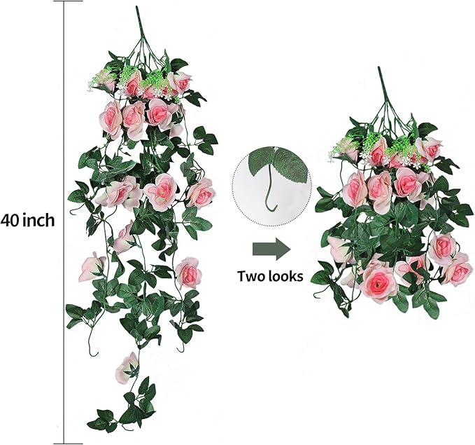RECUTMS 2pcs Artificial Hanging Plants 32 in Fake Plant Ivy Vine Outdoor, Hanging Champagne Rose Flower Wall Sconce, UV Resistant Plastic for Valentines Day Wall Hanging Decorations(Champagne)