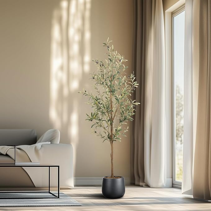 Artificial Fake Olive Tree 5FT Tall 1Pack Faux Silk Olive Tree for Home Living Room Office Decor Faux Artificial Plants Indoor Fake Potted Plants with Fruit & Free Moss