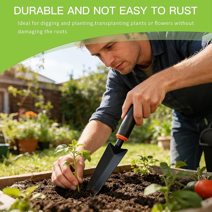 5 Pack Garden Tool Set, Gardening Hand Tools with Rubber Handle, Including Trowel, Rakes, 2-in-1 Hoe and Crack Weeder for Planting, Weeding, Transplanting, Digging, Trimming and Clearing