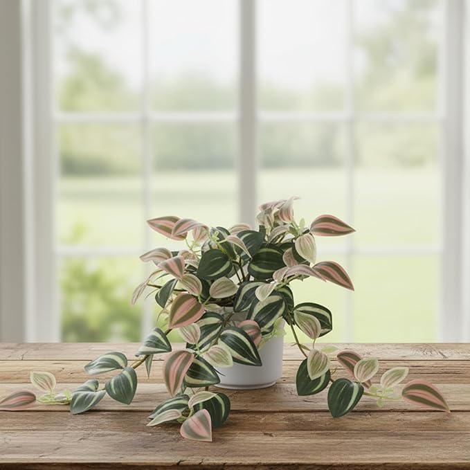 Fake Plants Indoor Artificial Hanging Plants with Pot, Potted Silk Greenery Faux Watermelon Peperomia Ivy Draping Plant for Home Office Desk Living Room Bedroom Wall Shelf Decor (Green, Light Pink)