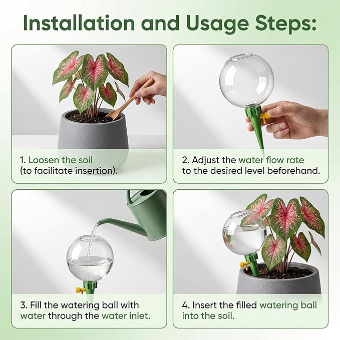 4-Pack Self Watering Globes with Covers – Automatic Plant Watering Bulbs, Slow-Release Irrigation Spikes for Indoor/Outdoor Potted Plants, Vacation Watering System, Top-Fill, Fits Most Pots