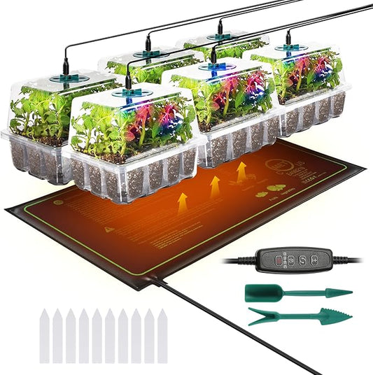 Adawook Clear Seed Starter Trays with Grow Lights & Heat Mat, 72 Cells Seed Starter Kit, 3 Lighting Mode, 4 Timing, Germination Kit with Humidity Control Domes, Gardening Gifts Plant Grow Kit
