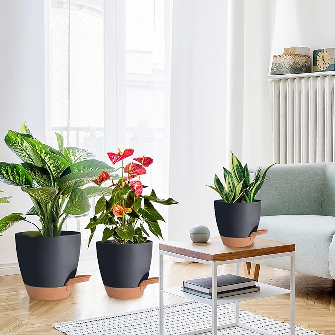 Vanslogreen Planters for Indoor Plants, 8/7/6.5/6/5.5/5 Inch Self Watering Plant Planters with Drainage Hole, Plastic Planters Flower Pots for Indoor Outdoor Plants (Black)