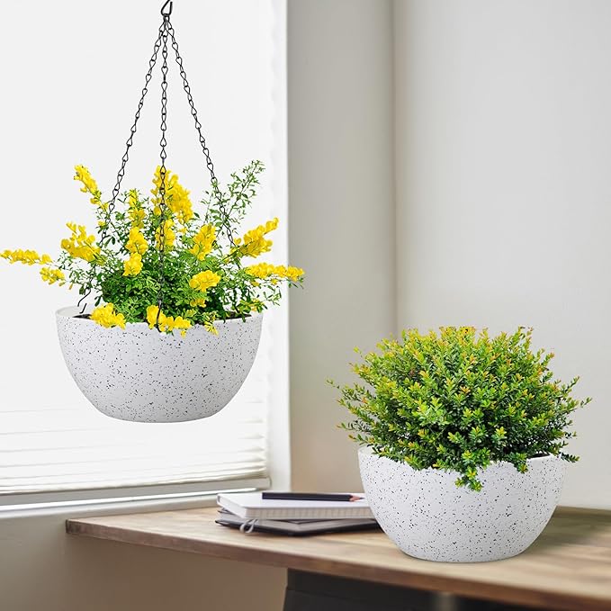 Meowell 8 inch Hanging Planters for Small Indoor Outdoor Plants, 2 Pack Hanging Flower Pots with Drainage Holes and Chain for Garden Porch, Plastic Hanging Baskets for House Plants, Speckled White