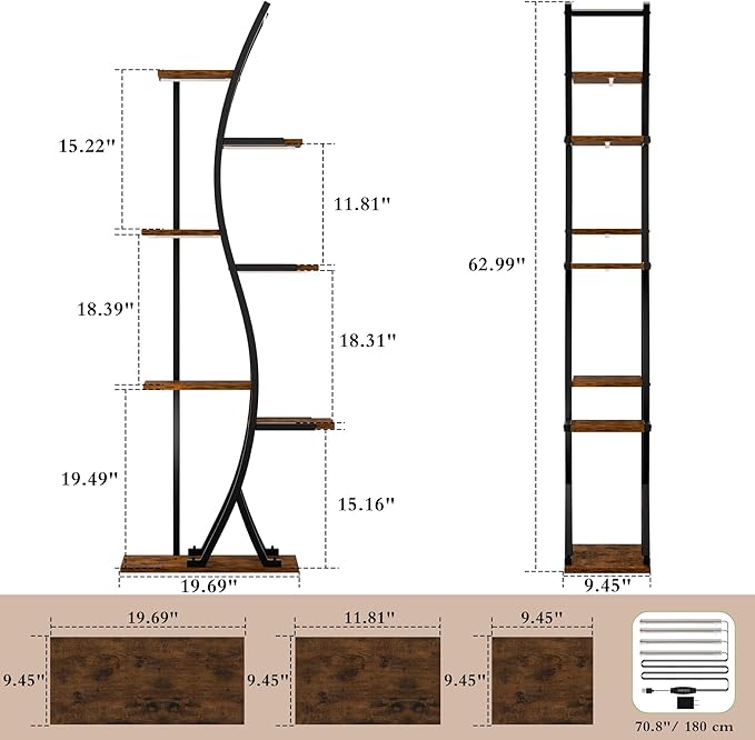 MJOMKN 62" Plant Stand Indoor with Grow Lights - 7 Tiered Tall Metal Plant Shelf - Corner Wooden Plant Stand for Indoor Plants Multiple, Large S-Shape Flower Rack Holder for Living Room, Garden, Patio Decor