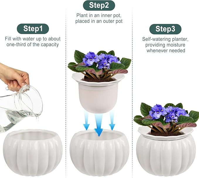 African Violet Pots, Self-Watering Ceramic Planter – 6 Inch Pot for Indoor Plants, Succulents, Herbs & Small Houseplants, Simple Self-Watering Design for Home & Office Décor, White