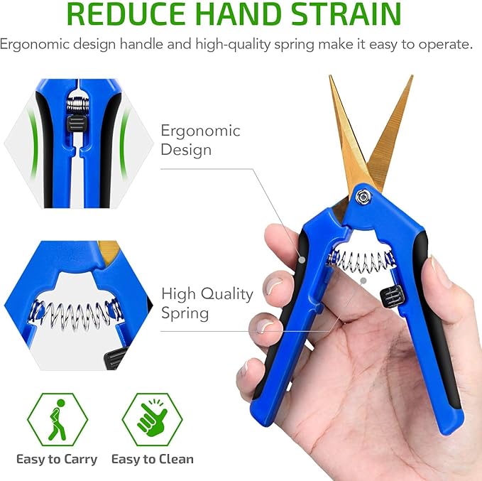 iPower 6.5" Pruning Shear Hand Pruner with Straight Stainless Steel Scissors for Gardening Potting with Titanium Coated Curved Precision Blades, Blue, 3 Pack
