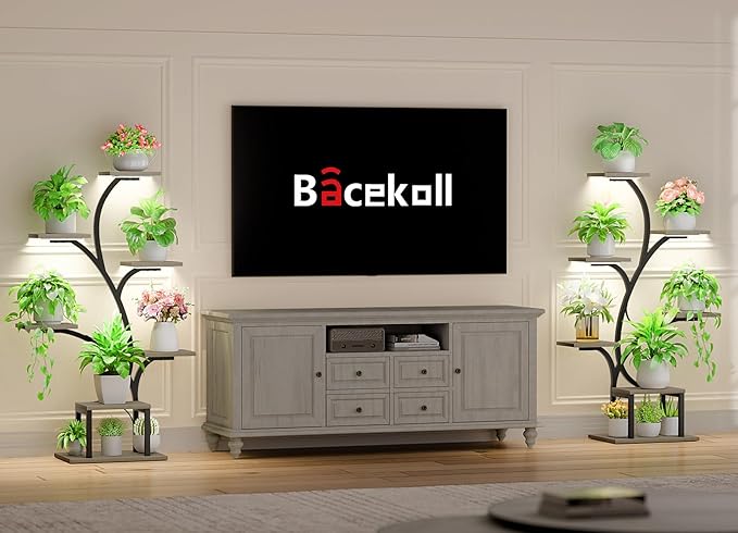 BACEKOLL Plant Stand Indoor with Grow Lights, 7 Tiered Indoor Plant Shelf, 49" Corner Plant Stands for Indoor Plants, Metal Plant Flower Display Shelf, Tree-Shaped Plant Rack for Home, Patio, Grey