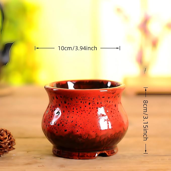 Cute Circular Ceramic Home Garden Decoration Succulent Cactus Flower Pots Container with Bamboo Tray -Plant Not Included (Green, 3.94 Inch)
