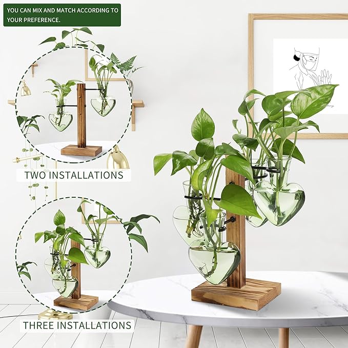 Plant Terrarium Propagation Stations with Wooden Stand, Glass Vase for Indoor Hydroponics Home Garden Office Decoration Gift for Women - 4 Love Bulb Vase
