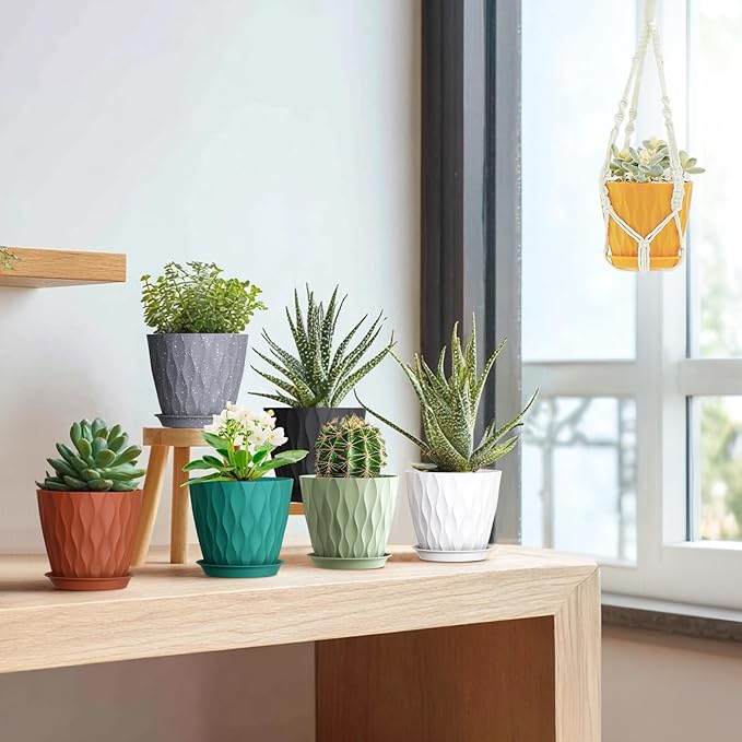 Meowell 5 inch Plant Pots for Indoor Outdoor Plants, 6 Pack Thick Nursery Pots with Drainage Holes and Saucers, 3D Modern Wave Texture Small Plastic Planter Flower Pots, Multicolor