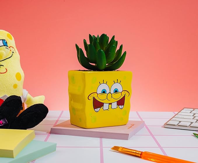 Silver Buffalo Nickelodeon Spongebob Squarepants Face 3-Inch Ceramic Mini Planter with Artificial Succulent | Flower Pot, Faux Indoor Plants
