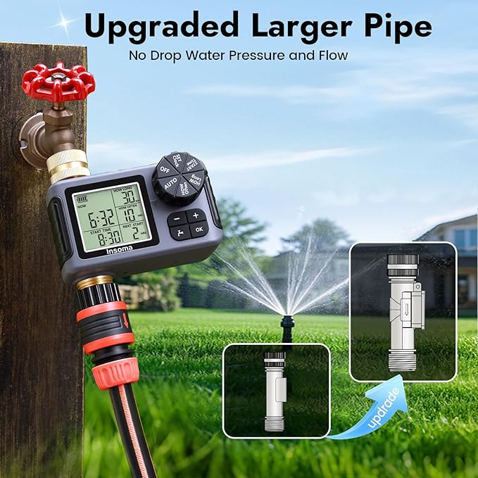 Water Timer for Garden Hose with 100% Metal Pipe, Programmable Sprinkler Controller for Garden Faucet with Auto/Manual/Rain Delay Mode, Irrigation Timers for Lawn, Yard, Outdoor Plants