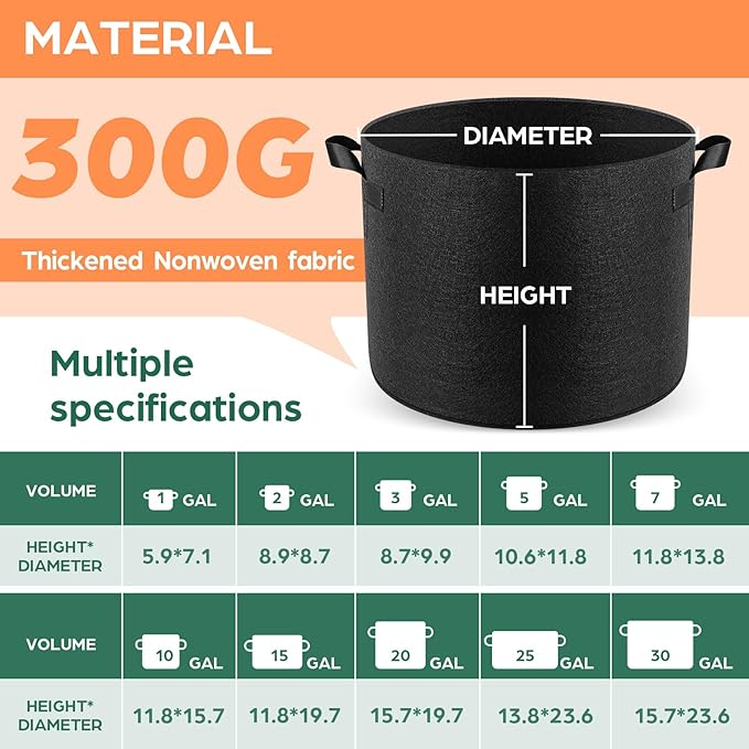 Jorvila 10 Pack 10 Gallon Grow Bags, Thickened Nonwoven Fabric Planter Pots with Handles, Heavy Duty 300G Garden Pots for Tomato, Potato and Vegetable