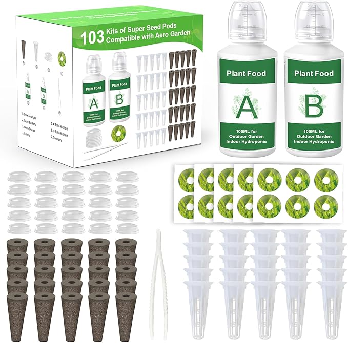 Replacement for Aerogarden Pods Hydroponic Accessories, Grow Anything Seed Pods Kit with 25 Grow Sponges, 25 Grow Baskets, 25 Pod Labels, 25 Grow Domes and 200ml A&B Plant Food Nutrients