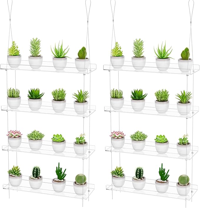 OtNiap Clear Hanging Window Plant Shelves,2-Pack 4-Tier,Indoor Windows Wall Hanging Plant Stand Flower Display,Flower Pot Organizer Storage for Window Grow Herbs,Microgreens,Succulents,Flowe4,16-Inch