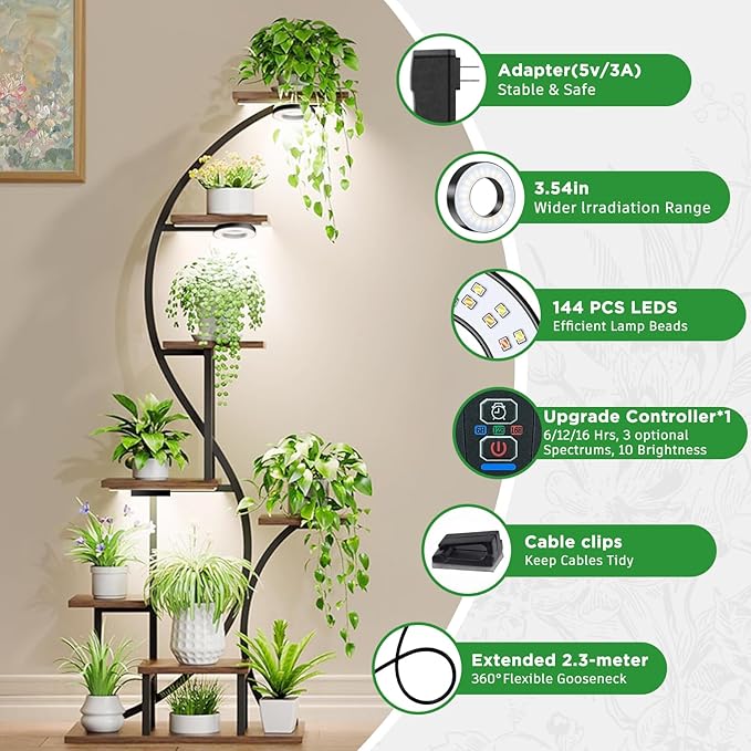 Tri-Head Grow Light for Indoor Plants, 10-Level Dimmable Plant Light with 6H/12H/16H Timer, 144 LEDs Full Spectrum Grow Lamp for Seedlings, 3 Lighting Modes, 7.5ft Long Cord for Under Cabinet, Shelves