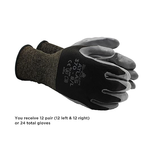 SHOWA Atlas 370B Professional Nitrile Work Gloves, Breathable High-Dexterity Precision Grip for Landscaping, Gardening & Assembly, General Purpose Gloves, Black, Medium, 12-Pack