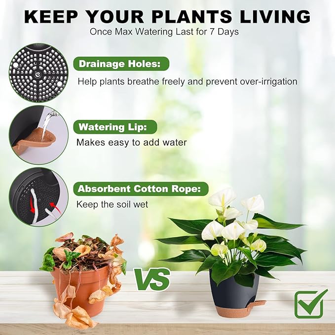 Vanslogreen Plant Pots Pack of 5, 7/6.5/6/5.5/5 Inch Self Watering Planters with Drainage Hole Planter for Indoor Plants, Planting Pots for African Violet, Ochid and House Plants (Black)