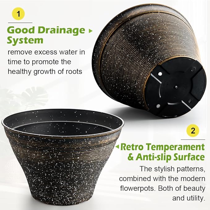 RooTrimmer 17.7 Inch Large Planters for Indoor Outdoor Plants 4 Pack, Plastic Plant Pots with Drainage Holes, Modern Decorative Garden Pots, Plant Container for Planting Ornamental Plants, Black