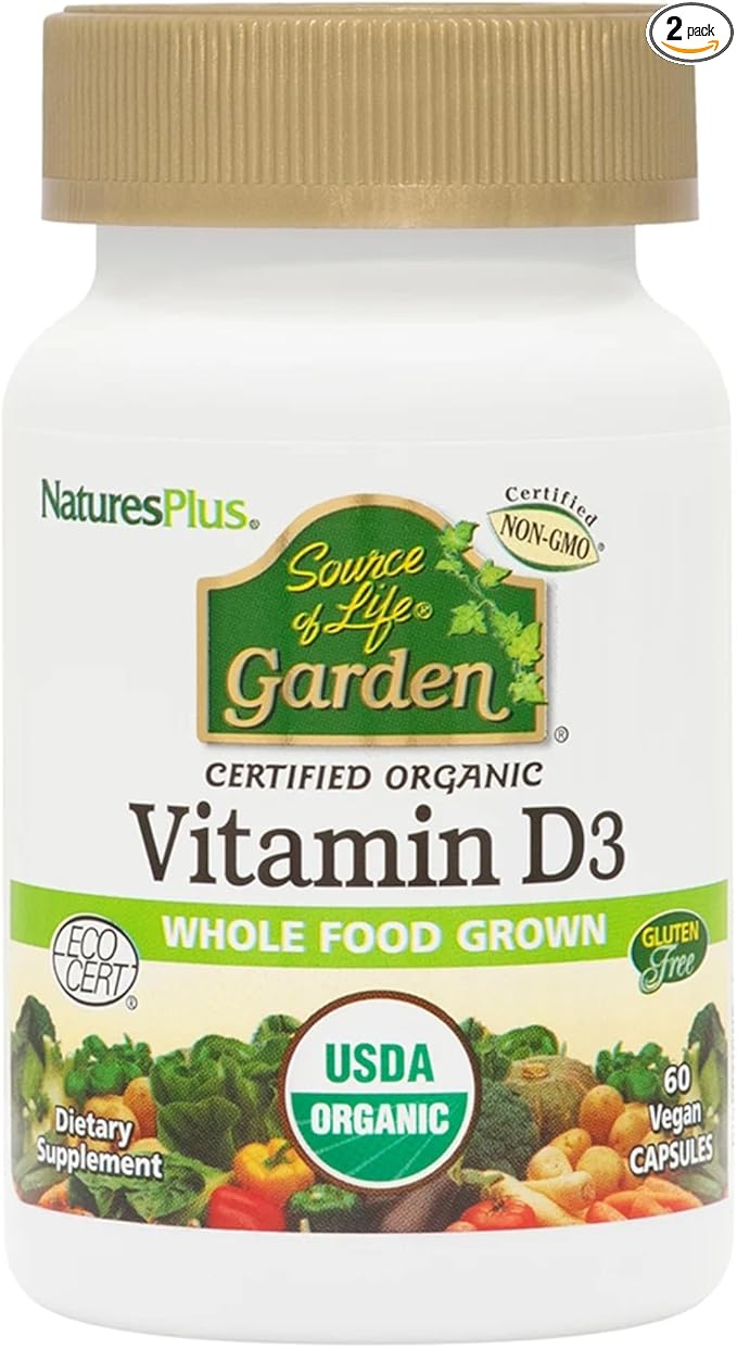 NaturesPlus Source of Life Garden Vitamin D3 - 60 Capsules, Pack of 2 - Immune System Support - USDA Certified Organic, Non-GMO, Vegan, Gluten Free - 60 Total Servings