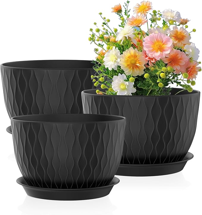 Meowell 12/10/9 inch Large Plant Pots, 3 Pack Wide Flower Pots for Outdoor Indoor Plants with Water Ripples, Big Plastic Planters with Drainage Holes and Saucers for Garden House Plants, Black
