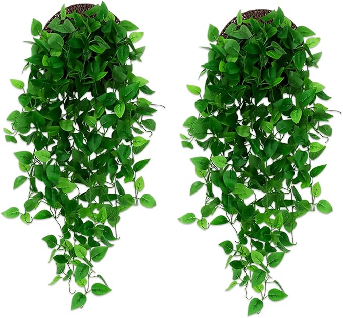 Delphinus Fake Hanging Plants, 2pcs Artificial Hanging Plant, Faux Vine Plants Indoor and Outdoor for Office Home Living Room Bathroom Wall Shelf Decor