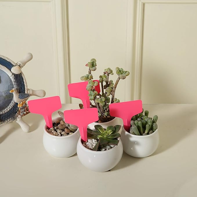 100 Pcs T-Type Plant Labels with a Gel Pen, Waterproof Nursery Plant Tags Plastic Garden Markers, Pink, 6 x 10cm