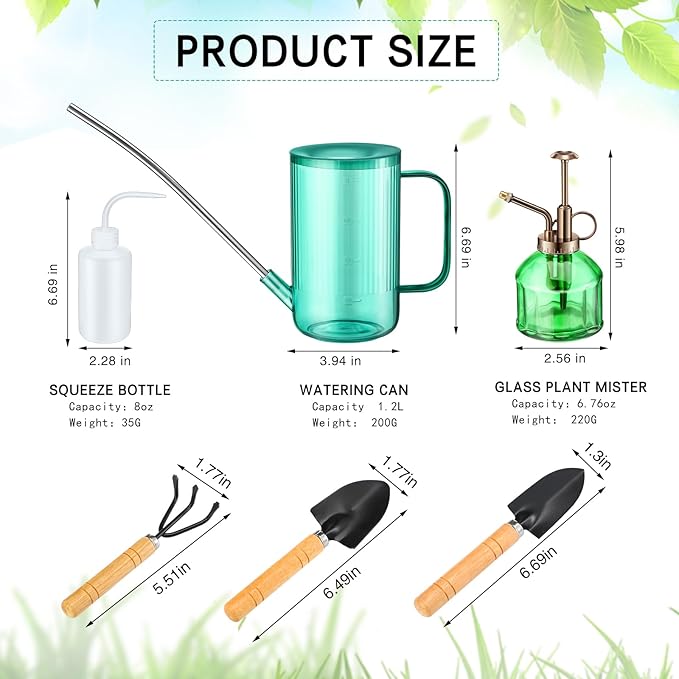 Set of 7 6.3'' Vintage Glass Plant Mister Modern 1.2l Long Spout Watering Can Squeeze Bottle Soil Moisture Meter 3 Pcs Hand Planting Tools for Indoor Outdoor Gardening Potted Flower, Green