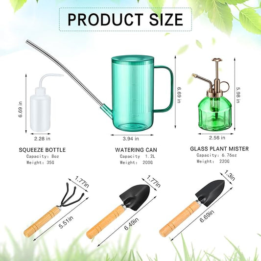 Set of 7 6.3'' Vintage Glass Plant Mister Modern 1.2l Long Spout Watering Can Squeeze Bottle Soil Moisture Meter 3 Pcs Hand Planting Tools for Indoor Outdoor Gardening Potted Flower, Green