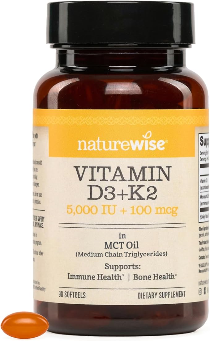 NatureWise Vegan Vitamin D3 + K2 with Organic Coconut MCT Oil - Natural D3 5000IU + Natural K2 100mcg - High Absorption Bone Support - Soy & Gluten Free - USA Manufactured - 90 Softgels[90-Day Supply]