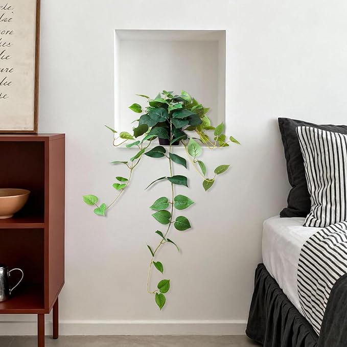 Fake Pothos Hanging Plants, 33" Potted Artificial Hanging Plant, Faux Pothos Silk Vines Hanging Plant Greenery for Home Living Room Indoor Decor