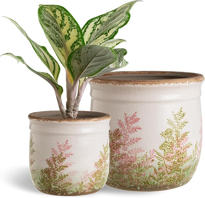 SURE YUESI Vintage Pink and Green Ceramic Planter Set of 2, 4.7+5.7 Inch Rustic Flower Pots for Indoor Plants, Decorative Ceramic Plant Pots for Home, Living Room, Garden, Gardening Gift